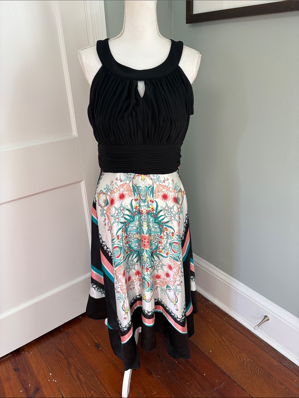 Ronni Nicole Black Top with Multicolor Floral-Print Midi Kerchief Dress 16